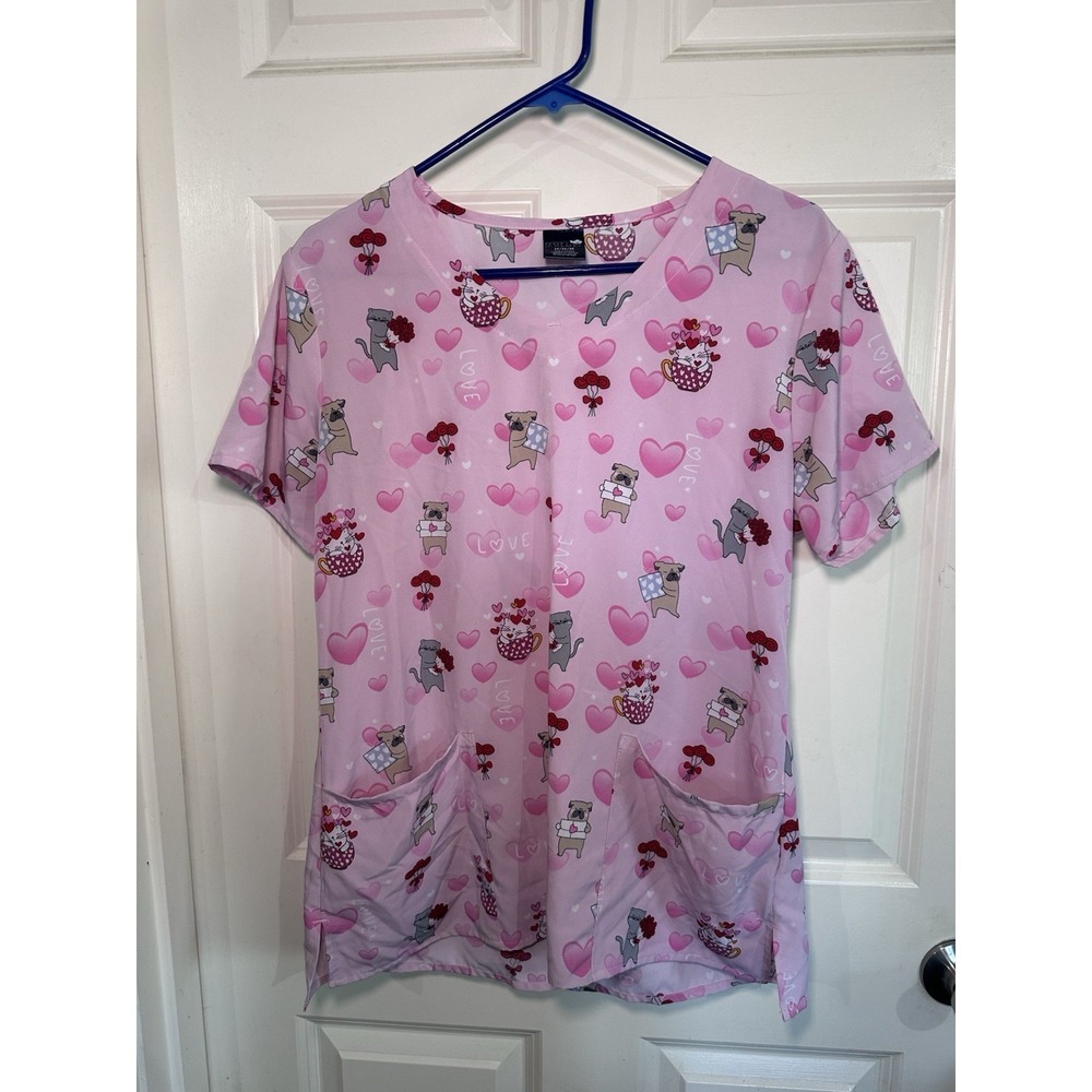 Women's Zoe Chloe Valentines Pink Scrub Top Size Medium